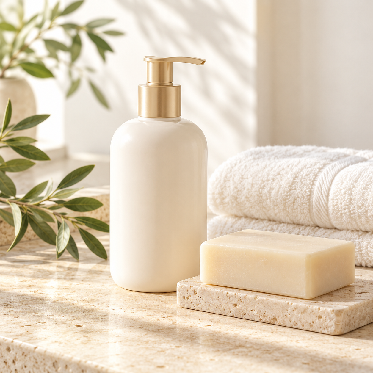 Personal care bottles, soap and towels in a warm, natural setting