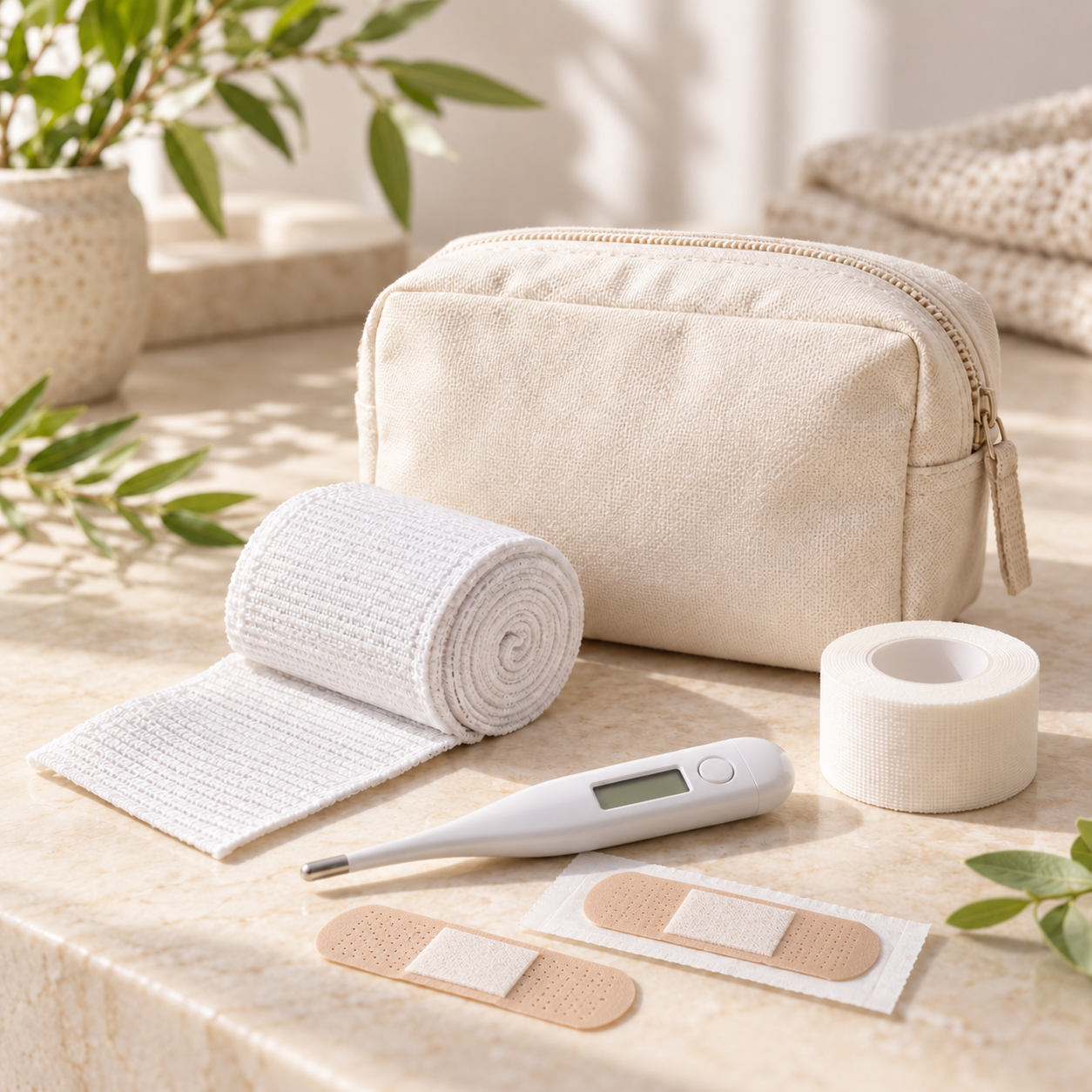 Bandages, a digital thermometer and a fabric pouch arranged together