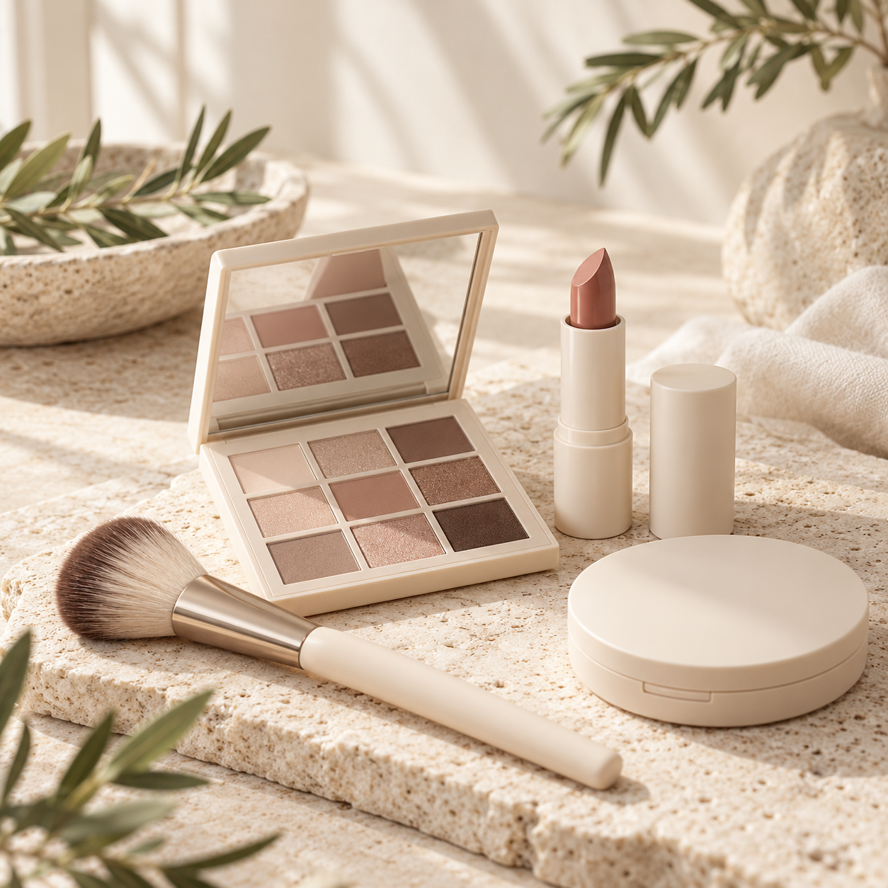 Neutral makeup palette, lipstick and brushes arranged in a natural setting