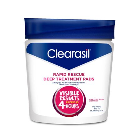 Clearasil Rapid Rescue Deep Treatment Acne Face Pads, Maximum Strenght with 2% Salicylic Acid Acne Treatment Medicine, 90 Count